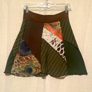 Look at Me Designs Boho Patchwork Mini Skirt Peacock Feather Print Small